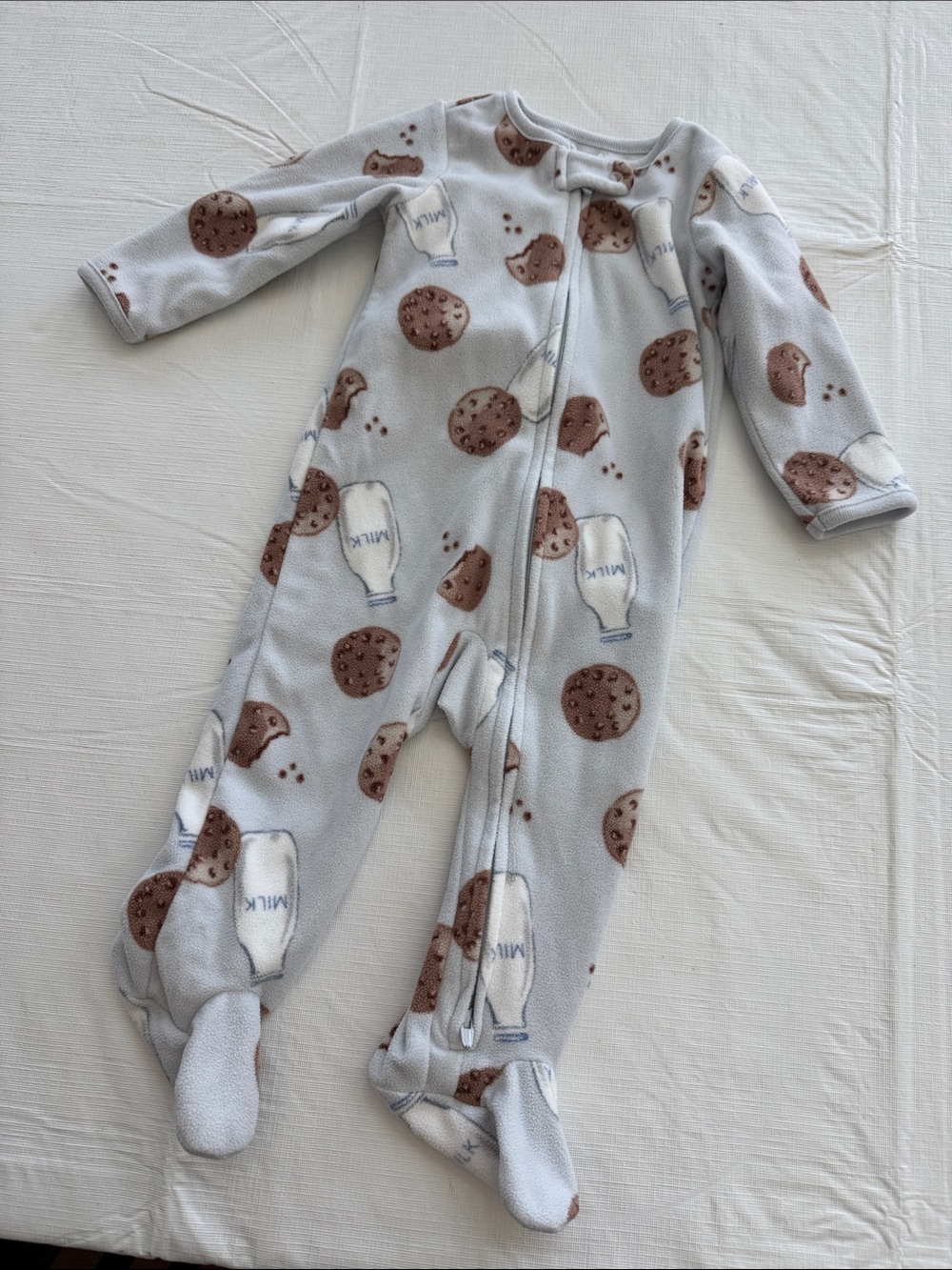 Light Blue Kids Footed One-Piece with Cookie & Milk Print